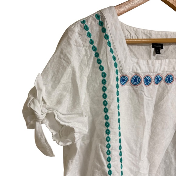Talbots white linen blend embroidered eyelet tie sleeve square neck spring top L - Picture 5 of 12